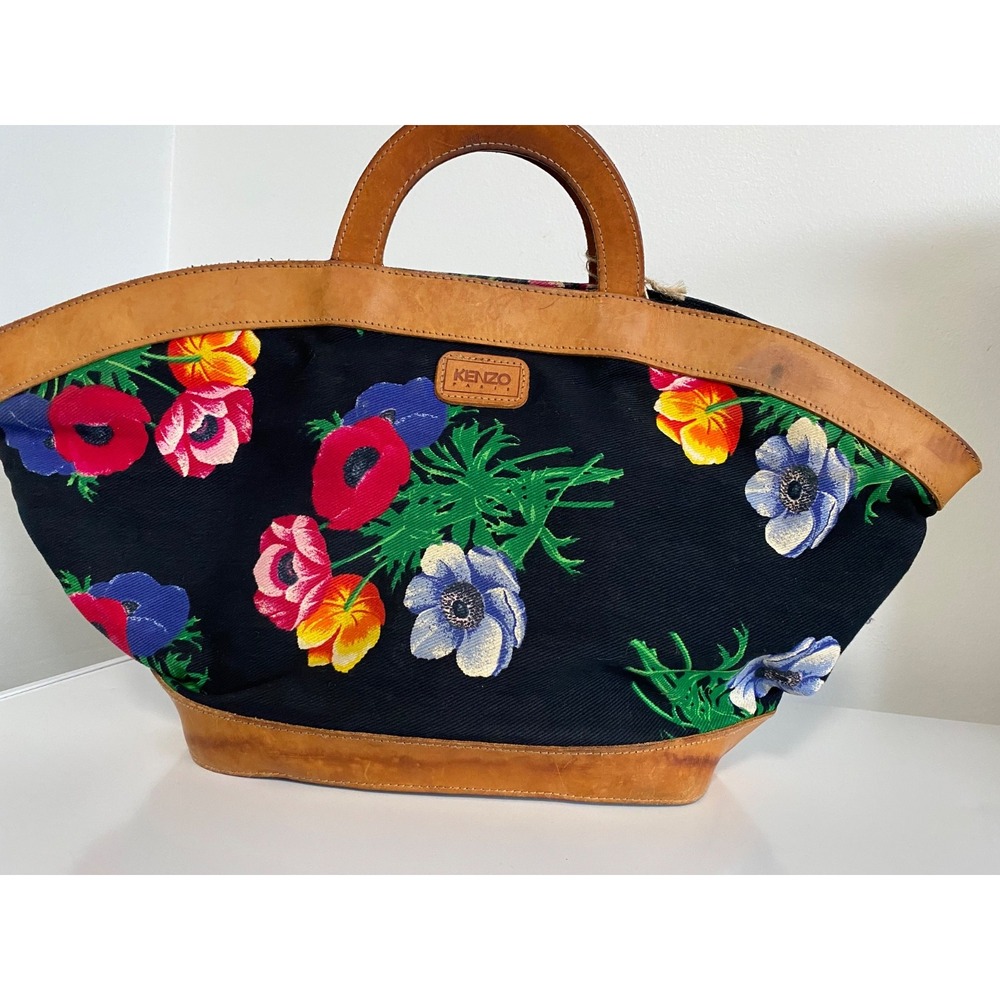 Kenzo vintage Woman Handbag black canvas leather Botanical design trendy unique